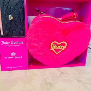 Juicy Couture Pink Heart-Shaped Crossbody Bag with Black Card Case Wallet